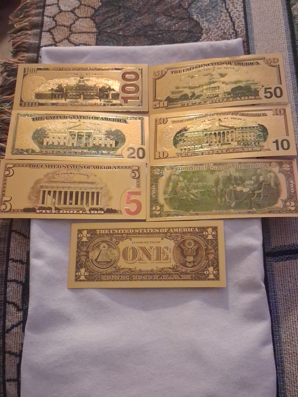 24K Gold Foil Novelty US Banknote Art Prints - Set of Assorted Denominations